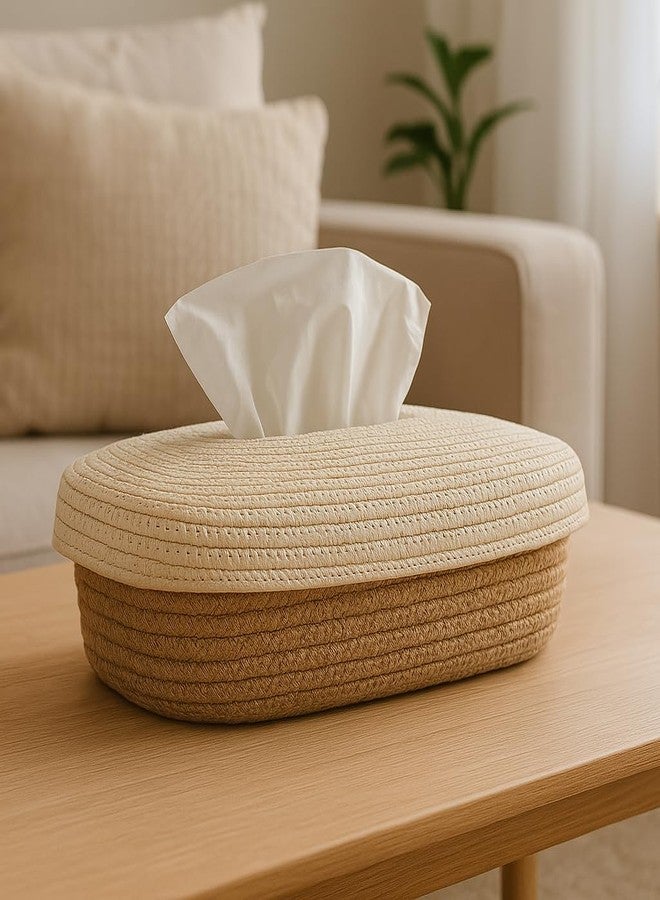 BOBBINY Jute Cotton Tissue Box Holder, Handcrafted Tissue Container for 100 Pulls Natural Tissue Holder for Office Living Bedroom Car Desk Dining Table Home Decor (Off White & Brown, Design 5) - Image 1